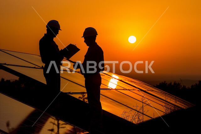 محطات الطاقات المتجددة، ستلايت والواح انتاج الطاقة الكهروضوئية, توليد الكهرباء باستخدام الطاقة البديلة، صورة ظلية لمهندسان عربيان خليجيان سعوديان يقومان بالاطلاع على المخططات لهندسية لتركيب الألواح الشمسية من خلال التابلت المحمول, سيلويت