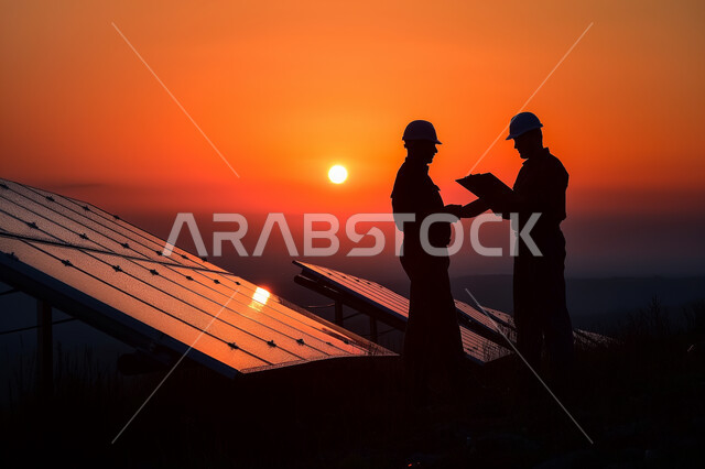 الواح وستلايت انتاج الطاقة الكهروضوئية, توليد الكهرباء باستخدام الطاقة البديلة، محطات الطاقات المتجددة، صورة ظلية لمهندسان عربيان خليجيان سعوديان يقومان بالاطلاع على المخططات لهندسية لتركيب الألواح الشمسية من خلال التابلت المحمول, سيلويت