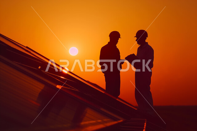 توليد الكهرباء باستخدام الطاقة البديلة، محطات الطاقات المتجددة، الواح وستلايت انتاج الطاقة الكهروضوئية, صورة ظلية لمهندسان عربيان خليجيان سعوديان يقومان بالاطلاع على المخططات لهندسية لتركيب الألواح الشمسية من خلال التابلت المحمول, سيلويت