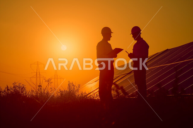 محطات الطاقات المتجددة، الواح وستلايت انتاج الطاقة الكهروضوئية, صورة ظلية لمهندسان عربيان خليجيان سعوديان يقومان بالاطلاع على المخططات لهندسية لتركيب الألواح الشمسية من خلال التابلت المحمول, توليد الكهرباء باستخدام الطاقة البديلة، سيلويت