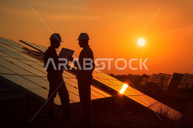 ستلايت والواح انتاج الطاقة الكهروضوئية, محطات الطاقات المتجددة، صورة ظلية لمهندسان عربيان خليجيان سعوديان يقومان بالاطلاع على المخططات لهندسية لتركيب الألواح الشمسية من خلال التابلت المحمول, توليد الكهرباء باستخدام الطاقة البديلة، سيلويت