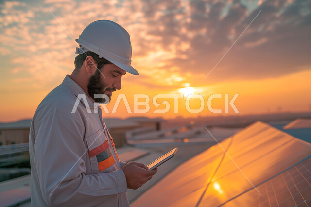 استعمال الأجهزة التقنية الحديثة في الأعمال الهندسية، إنتاج وتوفير الكهرباء من الشمس والرياح، الإشراف والتدقيق على الألواح الشمسية وتوربينات الطاقة الهوائية، مهندس عربي خليجي سعودي مبتسم يرتدي الخوذة زسترة الحماية ويحمل جهاز التابلت