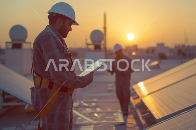 Using modern technical devices in engineering works, producing and providing electricity from the sun and wind, supervising and inspecting solar panels and wind turbines, a smiling Saudi Arabian Gulf engineer wearing a helmet and protective vest and holding a tablet