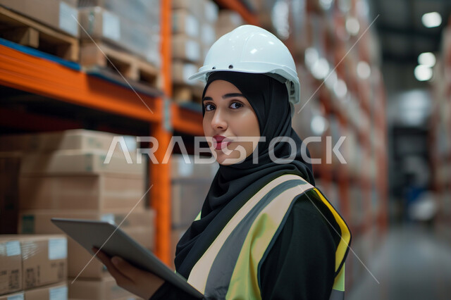 Adopting modern techniques and technology in engineering, achieving the industrial revolution and efficiency of production and manufacturing, a close-up image of a Saudi Arabian Gulf industrial engineer wearing a protective jacket and helmet, following the progress of factory work using a tablet device, Saudi women's professions and jobs