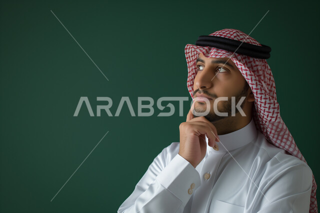 النظر بتمعن والتخطيط للمستقبل, التفكير ومحاولة إيجاد حل للمشكلات, بورتريه مقرب لرجل عربي خليجي سعودي يرتدي الثوب والشماغ التقليدي يضع يده على ذقنه و ينظر إلى شيء ما بإيماءات التفكير, شرود الذهن واتخاذ القرارات بتركيز، خلفية زيتي