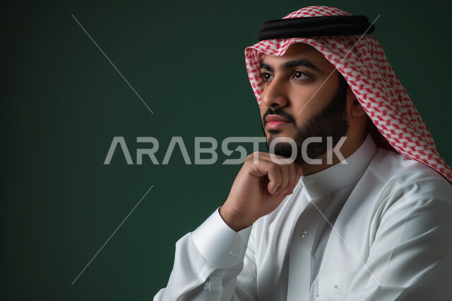 إيجاد حل لمشكلة ما  واتخاذ القرارات، التركيز وشرود الذهن والتمعن ،التأمل والتخطيط للمستقبل، بورتريه مقرب لرجل عربي خليجي سعودي يرتدي الثوب والشماغ التقليدي يضع يده على ذقنه و ينظر إلى شيء ما بإيماءات التفكير، خلفية زيتي