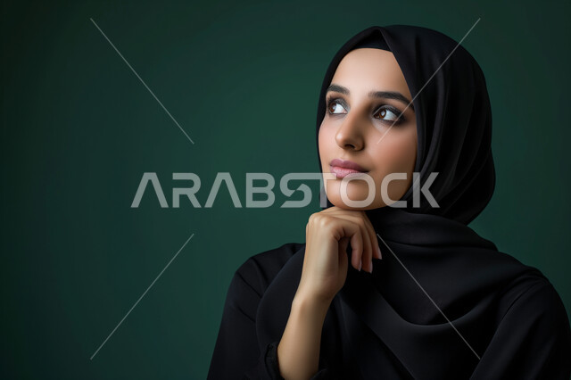 Trying to find a solution to a problem, close-up portrait of a veiled Saudi Arabian Gulf woman wearing a black abaya, putting her hand on her chin and looking with gestures of thinking and contemplation, the concept of femininity and beauty, contemplation, concentration and planning for the future, oil background