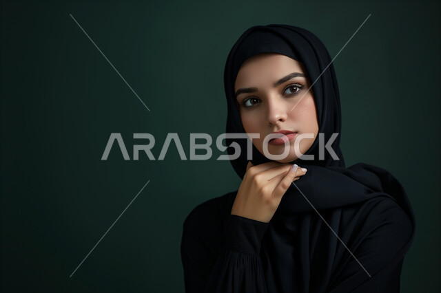 مفهوم الأنوثة والجمال، إيماءات الحيرة والقلق, النظر بشرود إلى مكان ما, التمعن والتركيز والتخطيط للمستقبل، بورتريه مقرب لامرأة عربية خليجية سعودية محجبة تضع يدها على ذقنها وتنظر بعيداً بتفكير وتأمل، محاولة إيجاد حل لشيء ما، خلفية زيتي