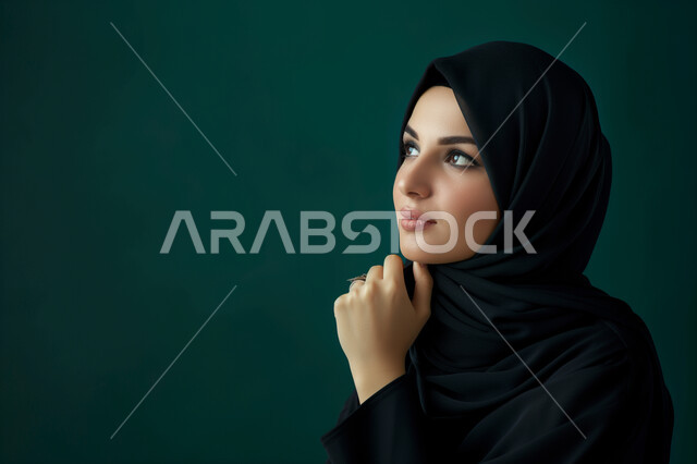 النظر بشرود إلى مكان ما, التمعن والتركيز والتخطيط للمستقبل، بورتريه مقرب لامرأة عربية خليجية سعودية محجبة تضع يدها على ذقنها وتنظر بإيماءات التفكير والتأمل، محاولة إيجاد حل لشيء ما، خلفية زيتي