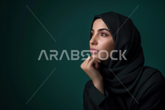 إيماءات الحيرة والقلق, النظر بشرود إلى مكان ما, التمعن والتركيز والتخطيط للمستقبل، بورتريه مقرب لامرأة عربية خليجية سعودية محجبة تضع يدها على ذقنها وتنظر بعيداً بتفكير وتأمل، محاولة إيجاد حل لشيء ما، خلفية زيتي