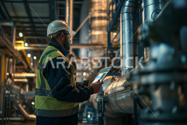 Achieving the industrial revolution and production and manufacturing efficiency, Saudi jobs and professions, using modern techniques and technology in engineering, a close-up side view of a Saudi Arabian Gulf industrial engineer wearing a protective jacket and helmet following the progress of factory work using a tablet device