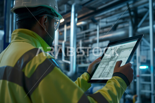 وظائف ومهن سعودية، استعمال التقنيات والتكنولوجيا الحديثة في الهندسة, كفاءة الإنتاج و التصنيع وتحقيق الثورة الصناعية, صورة مقربة من الجانب لمهندس صناعي عربي سعودي خليجي يرتدي سترة وخوذة الحماية يتابع سير أعمال المصنع بإستخدام جهاز التابلت