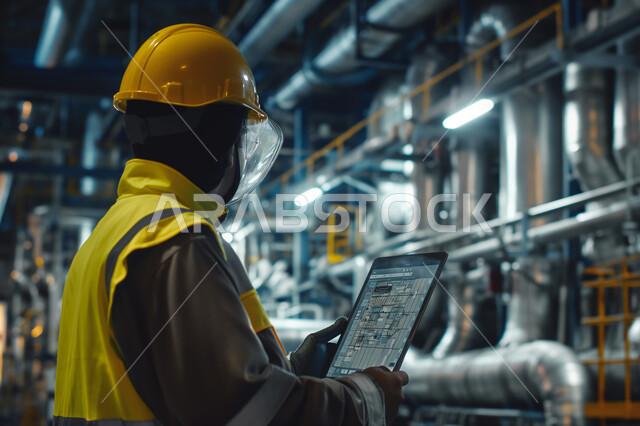 مهن ووظائف سعودية، استعمال التقنيات والتكنولوجيا الحديثة في الهندسة, كفاءة الإنتاج و التصنيع وتحقيق الثورة الصناعية, صورة مقربة من الجانب لمهندس صناعي عربي سعودي خليجي يرتدي سترة وخوذة الحماية يتابع سير أعمال المصنع بإستخدام جهاز التابلت