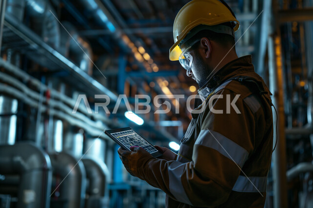 Using modern techniques and technology in engineering, production and manufacturing efficiency and achieving the industrial revolution, a close-up side view of a Saudi Arabian Gulf industrial engineer wearing a protective jacket and helmet following the progress of factory work using a tablet device, Saudi professions and jobs