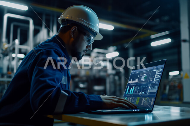 استعمال جهاز الحاسوب المحمول في الأعمال الهندسية، وظائف ومهن سعودية، الإشراف على المشاريع ومتابعة سيرها، صورة مقربة من الجانب لمهندس عربي خليجي سعودي يرتدي سترة الحماية، جودة الإنتاج و التصنيع وتحقيق الثورة الصناعية، ايماءات التمعن والتركيز