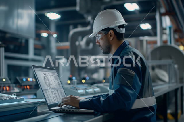 وظائف ومهن سعودية، استخدام جهاز الحاسوب المحمول في الأعمال الهندسية، الإشراف على المشاريع ومتابعة سيرها، صورة مقربة من الجانب لمهندس عربي خليجي سعودي يرتدي سترة الحماية، جودة الإنتاج و التصنيع وتحقيق الثورة الصناعية، ايماءات التمعن والتركيز