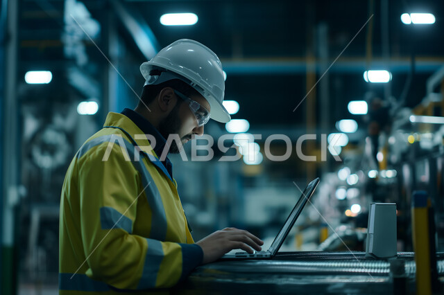 مهن ووظائف سعودية، استخدام جهاز الحاسوب المحمول في الأعمال الهندسية، الإشراف على المشاريع ومتابعة سيرها، صورة مقربة من الجانب لمهندس عربي خليجي سعودي يرتدي سترة الحماية، جودة الإنتاج و التصنيع وتحقيق الثورة الصناعية، ايماءات التمعن والتركيز