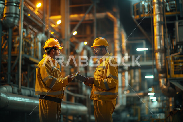 وظائف ومهن هندسية شبابية، متابعة ومراقبة عمليات الانتاج وسير عمل الآلات عبر جهاز التابلت، العمل في مصانع ومعامل المملكة العربية السعودية، مهندسان صناعيان عربيان خليجيان سعوديان يرتديان السترة وخوذة الحماية يقومان بمناقشة المشاريع