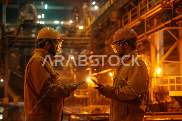 متابعة ومراقبة عمليات الانتاج وسير عمل الآلات عبر جهاز التابلت، وظائف ومهن هندسية شبابية، العمل في مصانع ومعامل المملكة العربية السعودية، مهندسان صناعيان عربيان خليجيان سعوديان يرتديان السترة وخوذة الحماية يقومان بمناقشة المشاريع