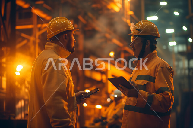 مراقبة ومتابعة عمليات الانتاج وسير عمل الآلات عبر جهاز التابلت، وظائف ومهن هندسية شبابية، العمل في مصانع ومعامل المملكة العربية السعودية، مهندسان صناعيان عربيان خليجيان سعوديان يرتديان السترة وخوذة الحماية يقومان بمناقشة المشاريع