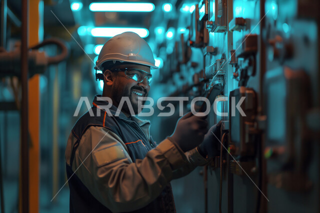 تحقيق الثورة الصناعية وكفاءة الإنتاج و التصنيع, التحول التقني والتكنولوجي الحديث, اعتماد الآليات و الذكاء الاصطناعي في الهندسة, تشغيل خط الإنتاج بإستخدام جهاز التابلت, مهندس عربي سعودي خليجي يرتدي السترة وخوذة الحماية يتابع سير الأعمال