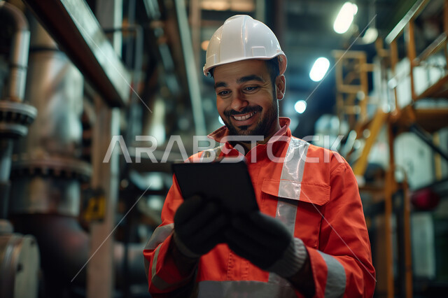 التحول التقني والتكنولوجي الحديث, تحقيق الثورة الصناعية وكفاءة الإنتاج و التصنيع, اعتماد الآليات و الذكاء الاصطناعي في الهندسة, تشغيل خط الإنتاج بإستخدام جهاز التابلت, مهندس عربي سعودي خليجي يرتدي السترة وخوذة الحماية يتابع سير الأعمال
