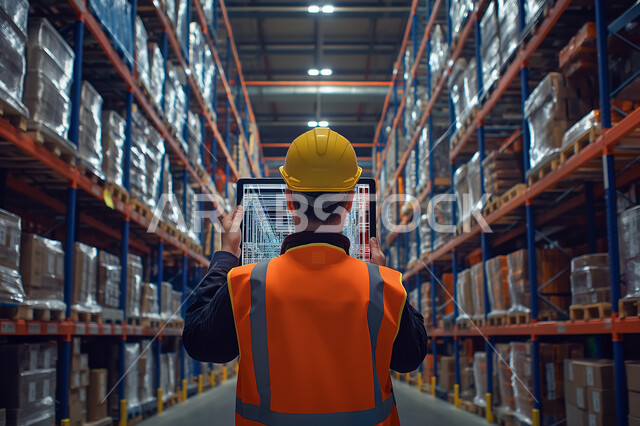 تشغيل خط الإنتاج بإستخدام جهاز التابلت, تحقيق الثورة الصناعية وكفاءة الإنتاج و التصنيع, التحول التقني والتكنولوجي الحديث, اعتماد الآليات و الذكاء الاصطناعي في الهندسة, صورة من الخلف لمهندس عربي سعودي خليجي يرتدي السترة وخوذة الحماية يتابع سير الأعمال