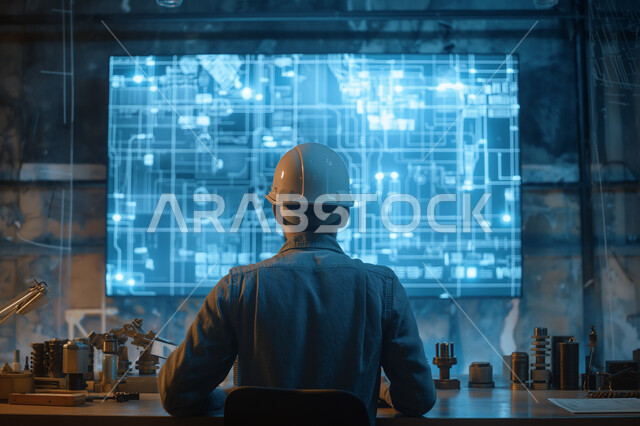 الإشراف على خطة الانتاج ومتابعة شؤون العمل الهندسي، رموز وأيقونات بتقنية الهولوجرام, استخدام الأجهزة والتقنيات الحديثة في الأعمال الهندسية, صورة مقربة من الخلف لمهندس عربي خليجي سعودي مبتسم يرتدي السترة وخوذة الحماية