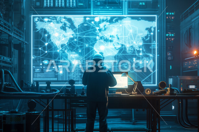 رموز وأيقونات بتقنية الهولوجرام, استخدام الأجهزة والتقنيات الحديثة في الأعمال الهندسية, صورة مقربة من الخلف لمهندس عربي خليجي سعودي مبتسم يرتدي السترة وخوذة الحماية ,الإشراف على خطة الانتاج ومتابعة شؤون العمل الهندسي