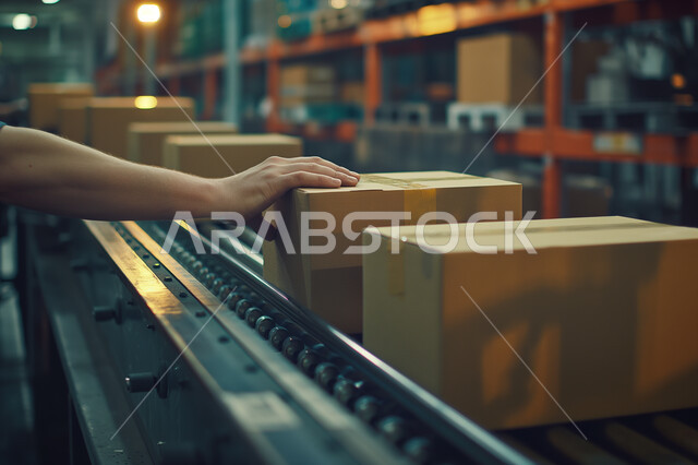 عمليات الاستلام والتخزين والتوزيع، صناديق وكراتين مغلفة داخل المستودع، مخازن ومستودعات معامل ومصانع المملكة العربية السعودية، مفهوم إدارة المخزون، صورة مقربة لأيدي عمال عرب خليجيون سعوديون يقومون بانجاز مهام العمل