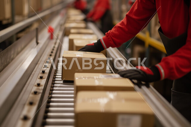 صناديق وكراتين مغلفة داخل المستودع، عمليات الاستلام والتخزين والتوزيع، مخازن ومستودعات معامل ومصانع المملكة العربية السعودية، مفهوم إدارة المخزون، صورة مقربة لأيدي عمال عرب خليجيون سعوديون يقومون بانجاز مهام العمل