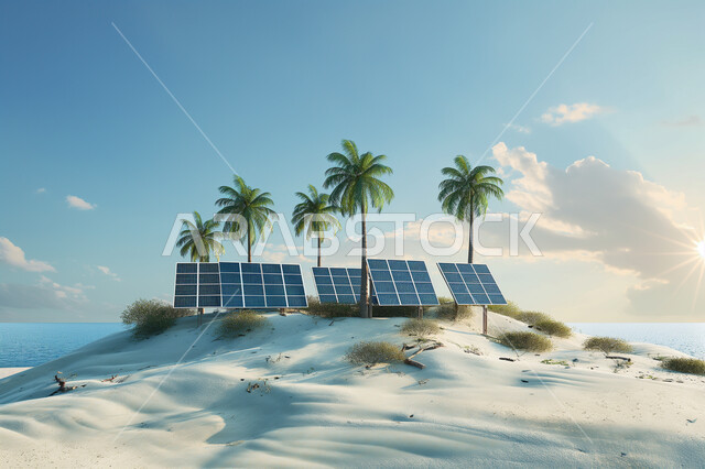 مفهوم التنمية المستدامة ، محطات الطاقات الشمسية المتجددة على شاطئ البحر, انتاج الطاقة البديلة الصديقة للبيئة في السعودية, صورة مقربة لألواح الطاقة الكهروضوئية