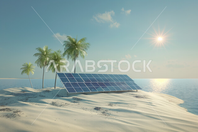 انتاج الطاقة البديلة الصديقة للبيئة في السعودية, محطات الطاقات الشمسية المتجددة على شاطئ البحر, صورة مقربة لألواح الطاقة الكهروضوئية، مفهوم التنمية المستدامة 