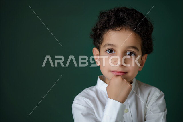 النظر الى الكاميرا بايماءات الثقة والسعادة والسرور، ملامح طفولية بريئة، مفهوم الأناقة والاهتمام بالمظهر الخارجي، بورتريه مقرب لولد عربي خليجي سعودي مبتسم يرتدي الزي التقليدي يضع يده تحت رأسه، خلفية زيتي