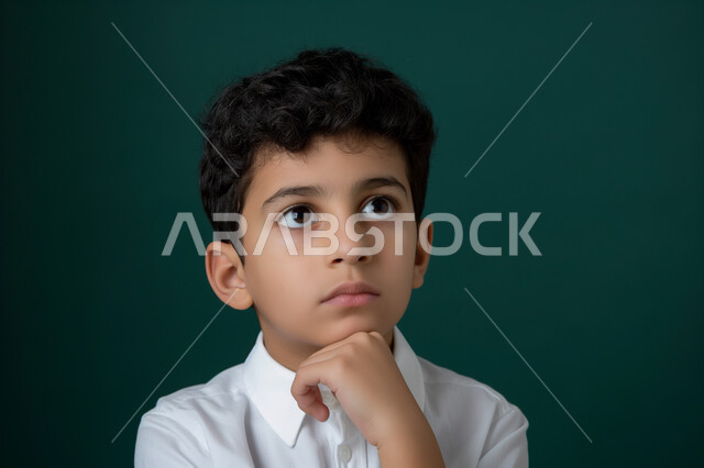 حركات وجه ويدين تدل على التفكير لإيجاد حل للمشكلة, بورتريه مقرب لطفل عربي سعودي خليجي يرتدي الثوب التقليدي يضع يده على ذقنه وينظر الى شيء ما, التمعن والتركيز والتخطيط للمستقبل, خلفية زيتي