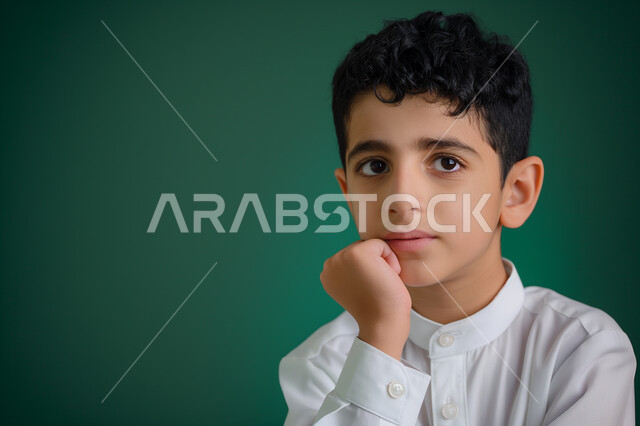ملامح طفولية بريئة، حركات وجه ويدين تدل على التفكير بشيء ما, بورتريه مقرب لولد عربي سعودي خليجي يضع يده تحت ذقنه وينظر الى الكاميرا، ايماءات التأمل والتفكير والتخطيط للمستقبل, مفهوم التمعن والتركيز، خلفية زيتي