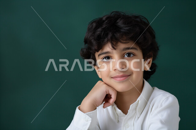 مفهوم الأناقة والاهتمام بالمظهر الخارجي، ملامح طفولية بريئة ، بورتريه مقرب لولد عربي خليجي سعودي مبتسم يرتدي الزي التقليدي يضع يده تحت رأسه، النظر الى الكاميرا بايماءات الثقة والسعادة والسرور، خلفية زيتي