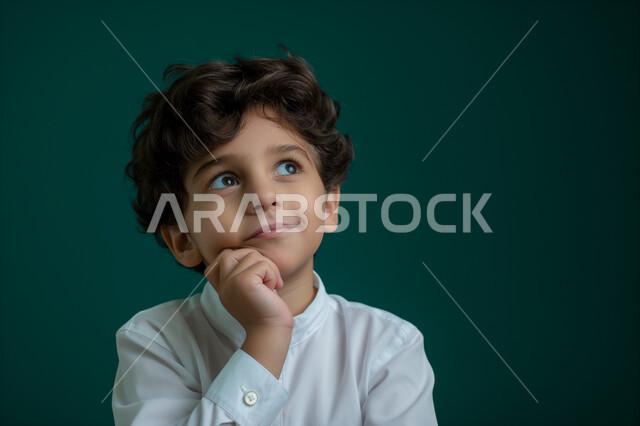 إيماءات وجه ويدين تدل على التفكير لإيجاد حل للمشكلة, التمعن والتركيز والتخطيط للمستقبل, بورتريه مقرب لطفل عربي سعودي خليجي يرتدي الثوب التقليدي يضع يده على ذقنه وينظر الى شيء ما, خلفية زيتي