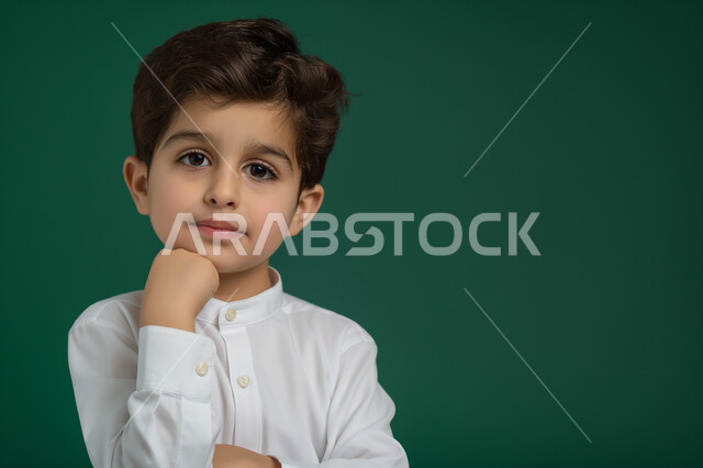 ملامح طفولية بريئة، مفهوم الأناقة والاهتمام بالمظهر الخارجي، بورتريه مقرب لولد عربي خليجي سعودي مبتسم يرتدي الزي التقليدي يضع يده تحت رأسه، النظر الى الكاميرا بايماءات الثقة والسعادة والسرور، خلفية زيتي