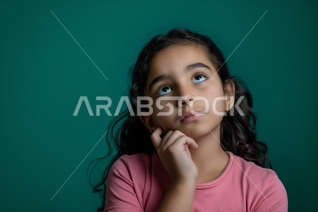 حركات وجه ويدين تدل على التفكير بشيء ما, إيجاد حل لمشكلة ما, بورتريه مقرب لفتاة عربية سعودية خليجية تضع يدها على وجهها، بنت سعودية تنظر الى شيء ما بايماءات بالتأمل والتفكير والتخطيط للمستقبل, مفهوم التمعن والتركيز، خلفية زيتي