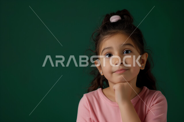 ملامح طفولية بريئة، النظر الى الكاميرا بايماءات الثقة والسعادة والسرور، الأناقة والاهتمام بالمظهر الخارجي، بورتريه مقرب لفتاة عربية سعودية خليجية مبتسمة تضع يدها على ذقنها، مفهوم الأنوثة والنعومة، خلفية زيتي