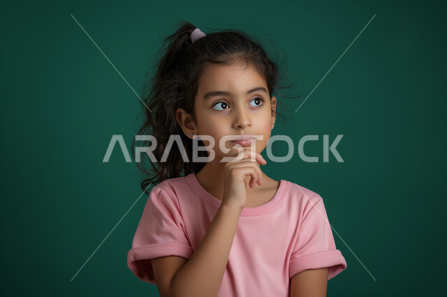 إيجاد حل لمشكلة ما, بورتريه مقرب لفتاة عربية سعودية خليجية تضع يدها على وجهها، حركات وجه ويدين تدل على التفكير بشيء ما, بنت سعودية تنظر الى شيء ما بايماءات بالتأمل والتفكير والتخطيط للمستقبل, مفهوم التمعن والتركيز، خلفية زيتي