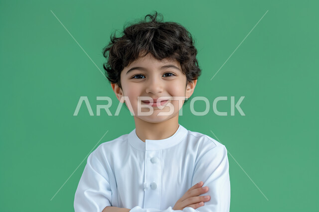 النظر الى الكاميرا بايماءات السعادة والثقة بالنفس، التقاط صور شخصية للوثائق الرسمية، ملامح طفولية بريئة، الأناقه والاهتمام بالمظهر الخارجي، بورتريه مقرب لولد عربي سعودي خليجي مبتسم يرتدي الزي التقليدي يقف بأيدي متقاطعة، خلفية حضراء