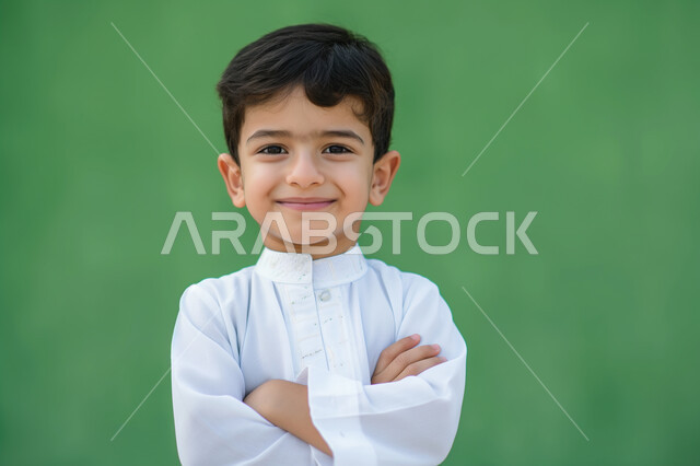 Taking selfies for official documents, elegance and interest in appearance, portrait of a smiling Saudi Arabian Gulf boy wearing traditional dress standing with crossed hands, looking at the camera with gestures of happiness and self-confidence, innocent childish features, green background