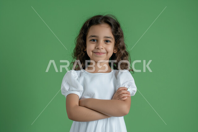 النظر الى الكاميرا بايماءات السعادة والبشاشة، ملامح طفولية بريئة، الأناقه والاهتمام بالمظهر الخارجي، بورتريه مقرب لفتاة عربية سعودية خليجية مبتسمة ترتدي فستان أبيض تقف باستقامة بأيدي متقاطعة بتعابير الثقة بالنفس، التقاط صور شخصية للوثائق الرسمية، خلفية خضراء