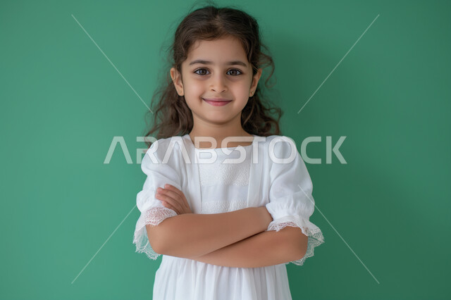 Standing straight with arms crossed with self-confidence expression, innocent childish features, elegance and interest in outward appearance, close-up portrait of a smiling Saudi Arabian Gulf girl wearing a white dress looking at the camera with gestures of happiness and cheerfulness, taking selfies for official documents, green background