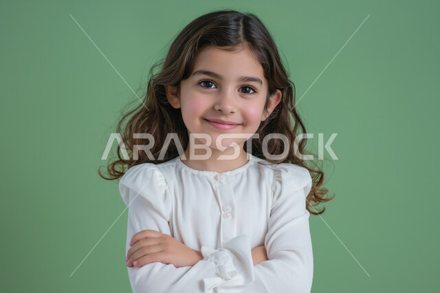 التقاط صور شخصية للوثائق الرسمية، النظر الى الكاميرا بايماءات السعادة والبشاشة، ملامح طفولية بريئة، الأناقه والاهتمام بالمظهر الخارجي، بورتريه مقرب لفتاة عربية سعودية خليجية مبتسمة ترتدي فستان أبيض تقف باستقامة بأيدي متقاطعة بتعابير الثقة بالنفس، خلفية خضراء