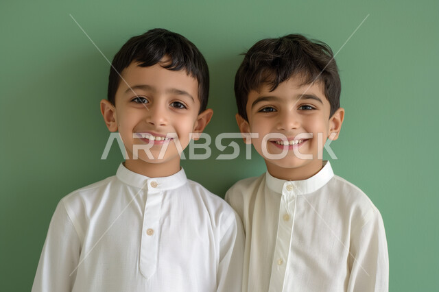 قضاء أوقات ممتعة مع الأخوة، الأناقه والاهتمام بالمظهر الخارجي، بورتريه مقرب لولدان عبيان خليجيات سعوديان مبتسمان يرتديان الزي التقليدي يقفان باستقامة بتعابير الثقة بالنفس، النظر الى الكاميرا بايماءات السعادة والمرح، ملامح طفولية بريئة، خلفية خضراء