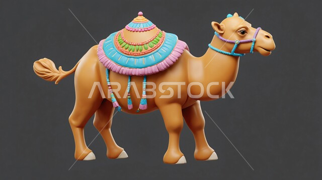 استخدام الحيوانات للتنقل في البادية من مكان لآخر، مجسم ثلاثي الأبعاد لجمل باللون البني، حيوان الإبل سفينة الصحراء، تربية ورعاية المواشي والثديات، قربان وأضحية عيد الأضحى المبارك، خلفية رمادية