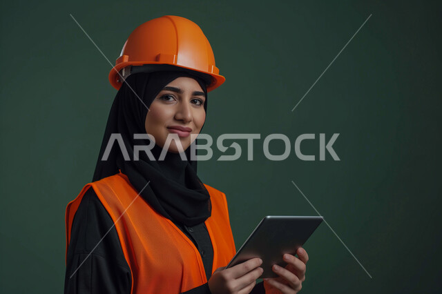 مهن ووظائف سعودية نسائية, تطور القطاع الهندسي في المملكة، بورتريه مقرب لمهندسة عربية خليجية سعودية محجبة ترتدي سترة الأمان البرتقالية والخوذة تنظر الى الكاميرا بايماءات السرور, دمج التكنولوجيا والتقنيات الحديثة بالعمل، إدارة المشاريع عن بعد عن طريق جهاز التابليت